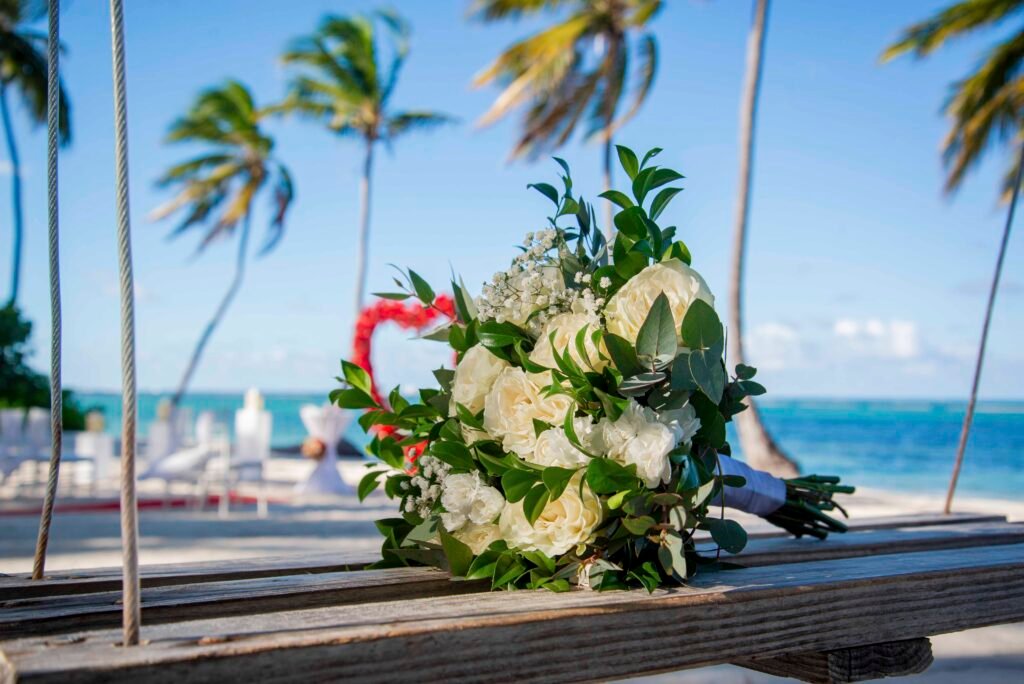 Bridal bouquet on a beach ceremony setup in Punta Cana